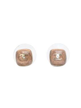 Chanel 06P Earrings CC Logo Button Brown Glitter Silver Mini